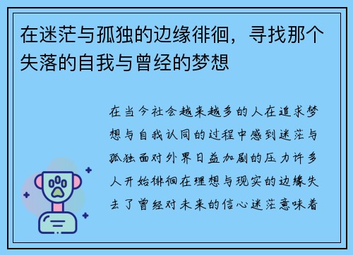 在迷茫与孤独的边缘徘徊,寻找那个失落的自我与曾经的梦想 在迷茫与孤独的边缘徘徊,寻找那个失落的自我与曾经的梦想