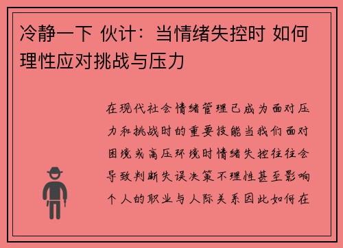 冷静一下 伙计:当情绪失控时 如何理性应对挑战与压力 冷静一下 伙计:当情绪失控时 如何理性应对挑战与压力